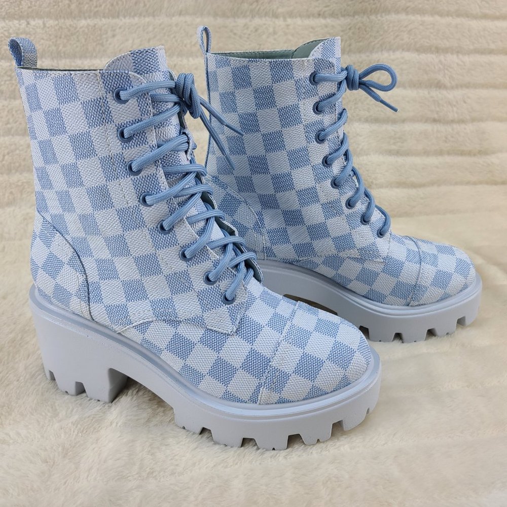 Light Blue Checker  Pattern Platform Combat Boots